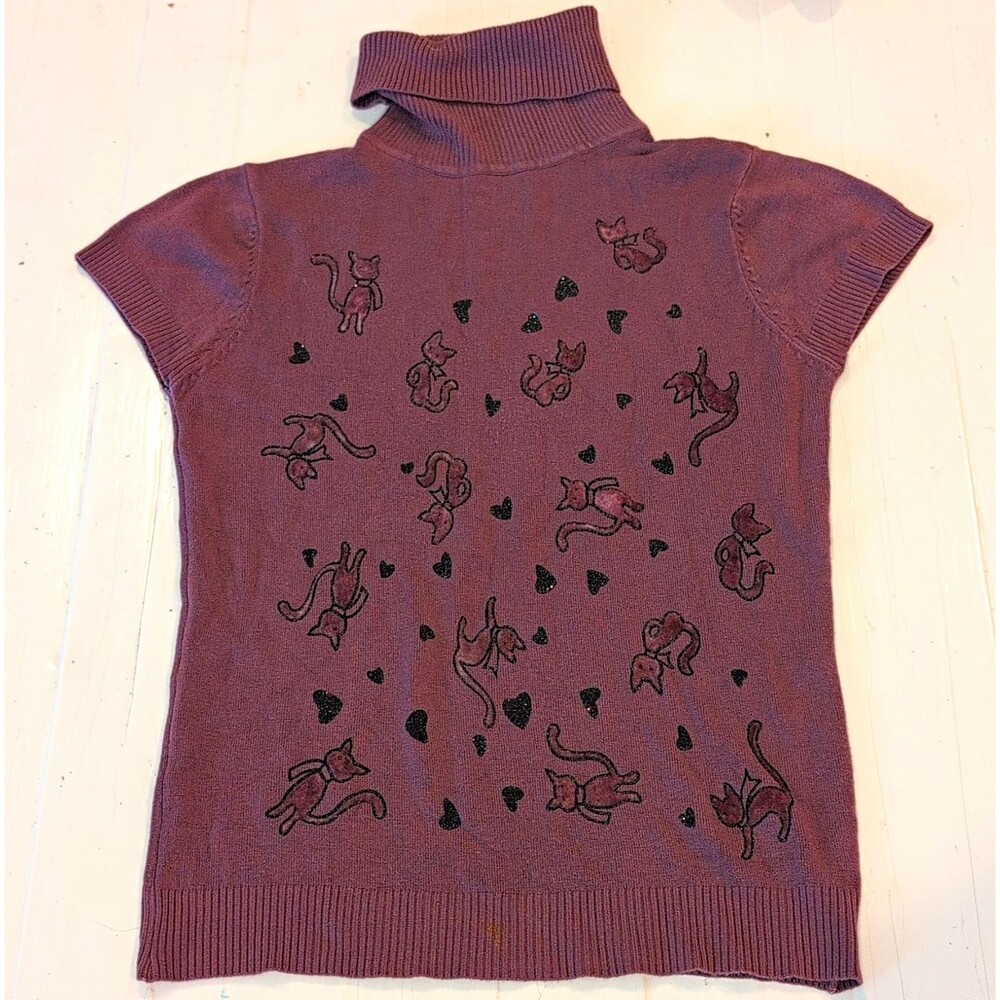 Vintage Cat Turtleneck Sweater Short Sleeve Mauve Purple Novelty Knit S